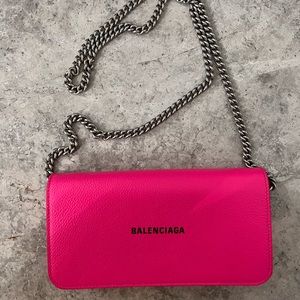 Balenciaga Pebbled Calfskin Everyday Continental Wallet on Chain Acid Pink